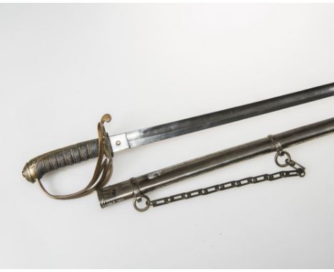 AN INFANTRY SWORD, c. 1900, the brass swept hilt with coat of arms, straight fullered blade inset with "proved" button. Lengt