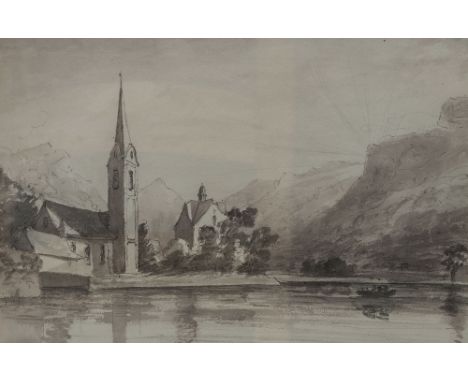 LATE 19th CENTURY BRITISH SCHOOL, SKETCH OF A CONTINENTAL CHURCH BESIDE A LAKE, pencil and grey wash, framed and glazed,  22c