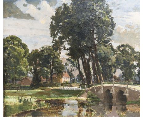EDWARD JAMES BUTTAR (BRITISH 1873-1943) VIEW OF A HOUSE AND BRIDGE, reputedly CRICKLAID, WILTSHIRE, oil on canvas in carved w