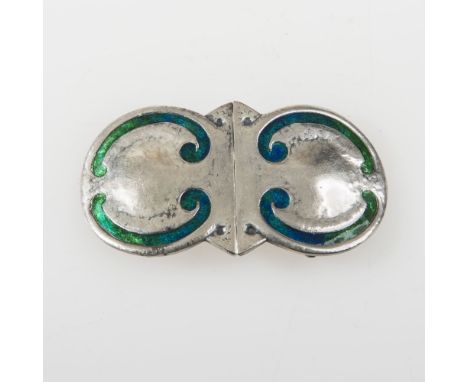 A SILVER AND GREEN ENAMEL BELT BUCKLE BY WILLIAM HAIR HASELER, after a design for Liberty & Co., Birmingham 1907.