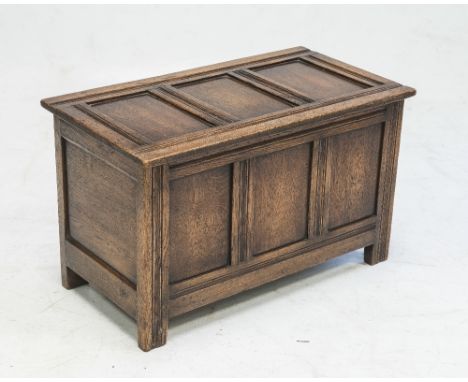 A GEORGE III THREE PANEL OAK COFFER OF SMALL PROPORTIONS, the moulded panelled rectangular top over a panelled body the stile