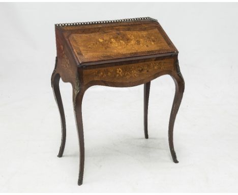 A LOUIS XV STYLE FLORAL MARQUETRY BUREAU DE DAME, late 19th Centruy, the rectangular top with a pierced brass gallery above a