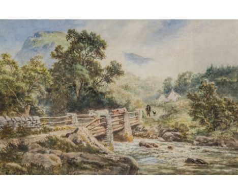 ROBERT GALLON (1845-1925) HEADING FOR THE PASTURE, cattle on a bridge with a herder and a dog behind, signed R. Gallon lower 