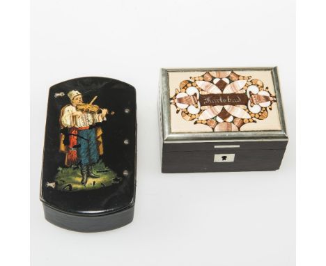 A 19th CENTURY RUSSIAN PAPIER MACHE BOX, painted with the figure of a musician; together with a HARDSTONE INLAID WOODEN TRINK