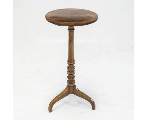 A 19th CENTURY INLAID MAHOGANY TRIPOD TABLE, the circular top over a ring turned baluster standard raised on down swept squar