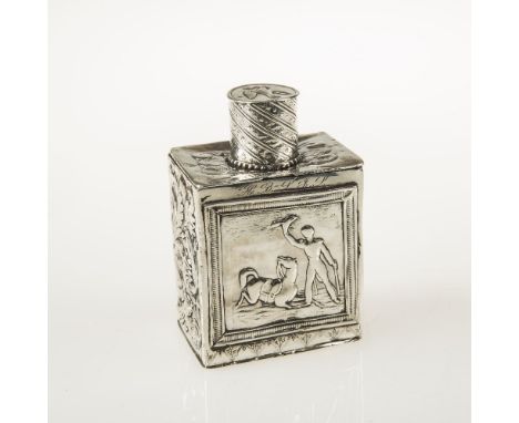 A DUTCH SILVER TEA CADDY, of rectangular form, chased with panels of a horse and trainer, stamped marks for .835 quality. 8 t
