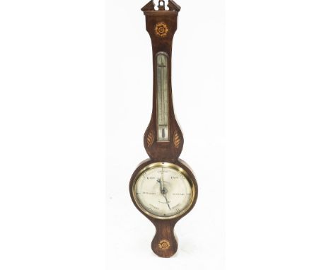 A 19th CENTURY INLAID MAHOGANY WHEEL BAROMETER, with broken pediment above a glazed mercury thermometer and the brass dial si