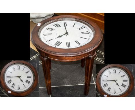 Circular Mahogany Coffee Table with Clock Face Top.  Decorative and unusual coffee table with vintage clock top.  Stands on f