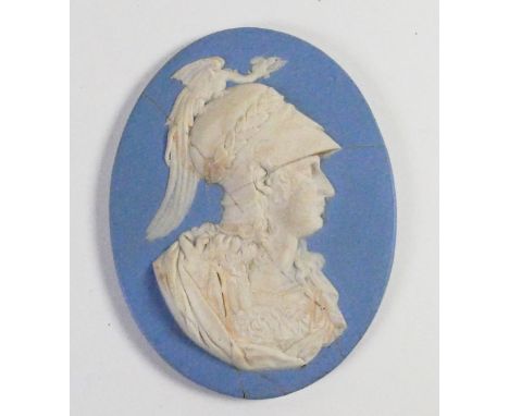 Wedgwood solid pale blue Jasper portrait medallion of Alexandra The Great: c1790, h11.4cm. (broken and re-stuck).