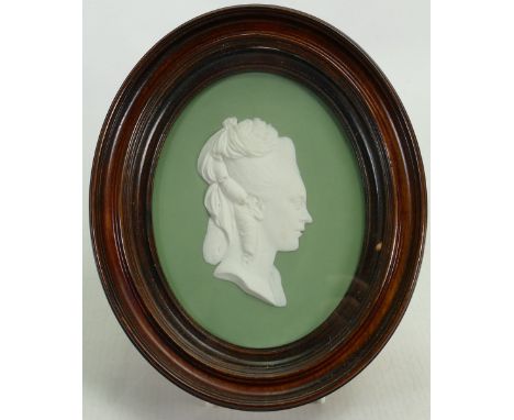 Wedgwood Sage green dip portrait Sarah (Sally Wedgwood) Medallion: c1840, size of frame 18cm x 15cm 