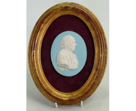Wedgwood tri colour portrait medallion Edward (old) Bourne: Prev Milkins collection, size wooden gilt frame 22cm x 16cm.