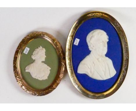 Wedgwood dark blue portrait plaque of Gentleman in silver plated frame together with small green &amp; white item dated 1980: