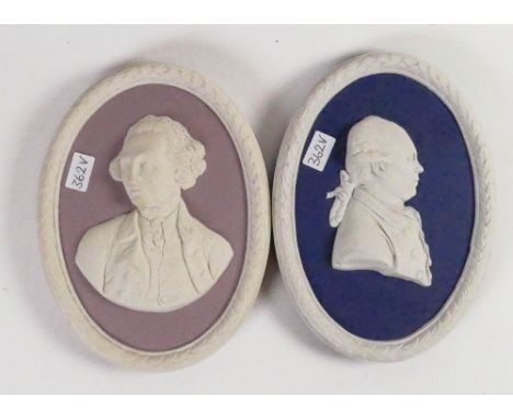 Wedgwood blue &amp; lilac Jasper oval portrait plaques Dr Solander &amp; Gentleman: Both dated 1973, height of largest 11cm. 