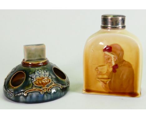 Royal Doulton items: Comprising Queensware flask Old woman drinking tea, height 13.5cm and Doulton Lambeth matchbox holder. (