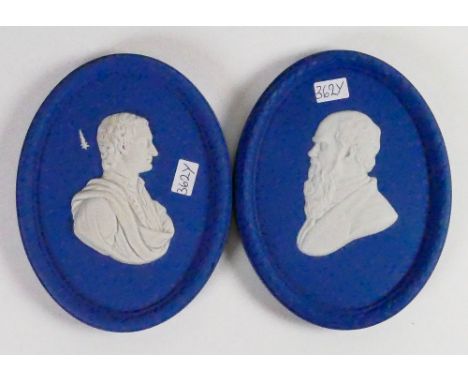 Pair Wedgwood dark blue portrait plaques of Gentlemen: Height 10.5cm. (2)