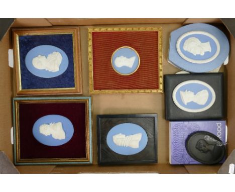 A good collection of Wedgwood Jasperware and Basalt plaques: Including portrait plaques , 7 items.