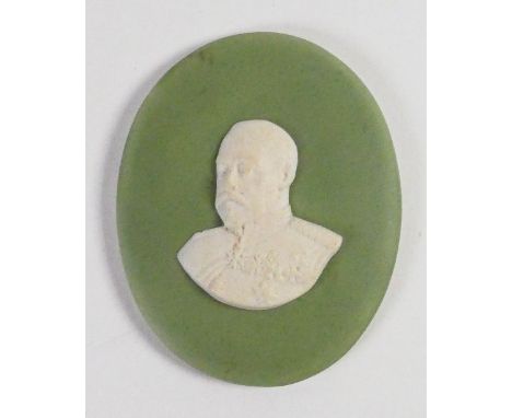 Wedgwood Sage green dipped Jasper portrait medallion of George V: c1910, h7.7cm. 