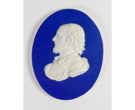 Wedgwood dark blue dipped Jasper portrait medallion of William Shakespeare: c1850, h10.6cm.
