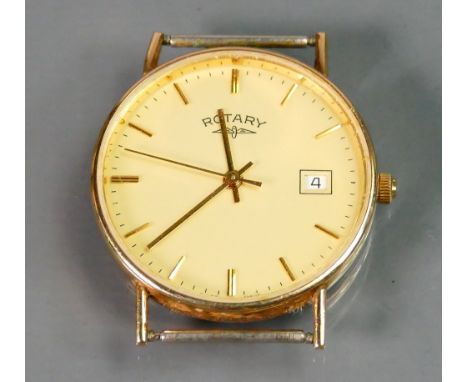 9ct gold gentlemans Rotary date wristwatch: The back of the case inscribed with 25 years service, not working.