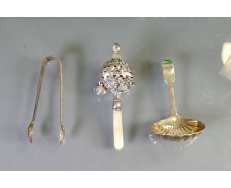 Early 20th century silver childs rattle with mother of pearl handle plus silver tongs and spoon, 53g (3):