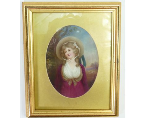 Porcelain portrait plaque by Leslie Johnson: Hand painted with portraits of a lady in a hat in later gilt frame by Royal Doul