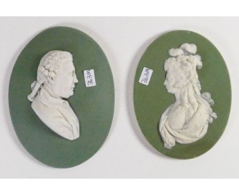 Wedgwood 19th century Sage green portrait plaque of Princess Elizabeth &amp; similar of a Gentleman: Height of largest 12cm. 