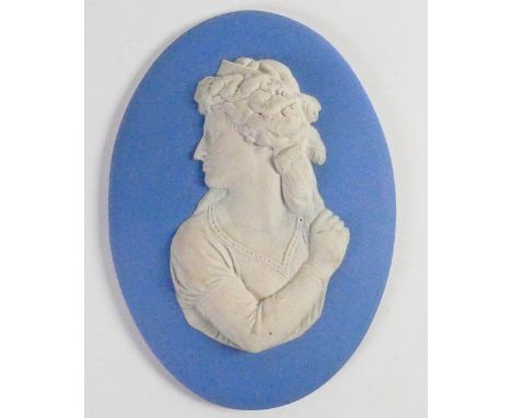 Wedgwood solid pale blue Jasper portrait medallion of Sarah Siddons: Modelled by Bert Bentley c1920, h14cm. (Some crazing to 