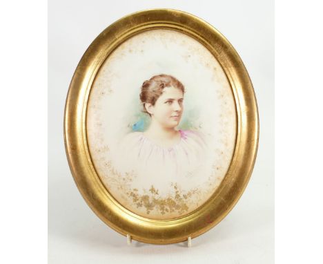 Porcelain gilded portrait plaque by George White: Hand painted with portraits of a young woman with her hair up in gilt frame