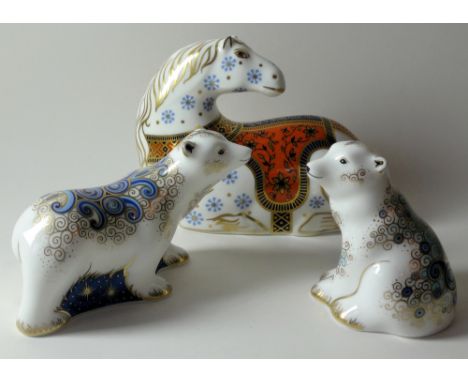 Two Royal Crown Derby paperweights HORSE and POLAR BEAR CUBS: Gold stoppers, NO certificate for horse, original boxes. 