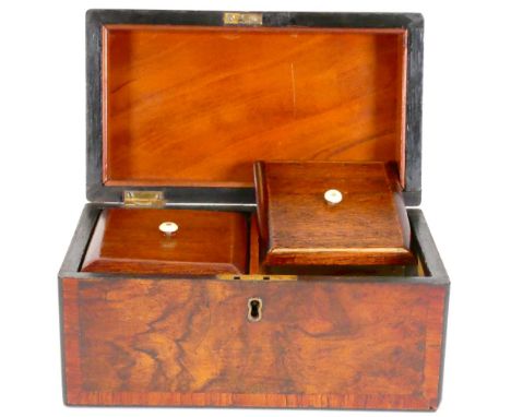 Burr Walnut tea caddy 19th century: Good used condition, replacement lids, original hinges, no obvious damage or repair.  Mea