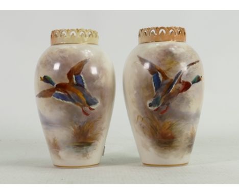 Pair of Royal Worcester hand painted vases: Decorated with Mallard ducks by J Stinton, height 13.5cm. (2)