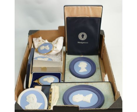 A good collection of Wedgwood Jasperware Royalty portrait plaques: Mostly boxed, 8 items.