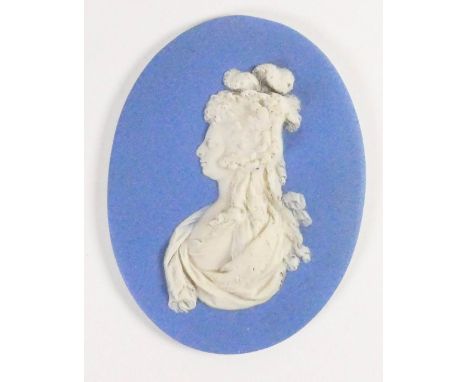 Wedgwood solid pale blue Jasper portrait medallion of Princess Charlotte: Daughter of George III c1800, h11cm. (Tiny nick to 