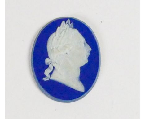 Wedgwood rare solid slate blue Jasper dipped portrait medallion of King George III: Lapidary polished bevelled edge, from the