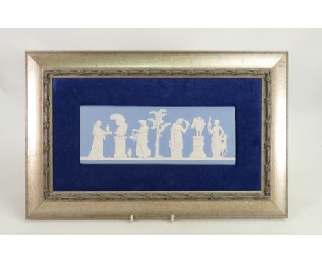 Wedgwood rectangular light blue &amp; white plaque with classical scenes: Framed, overall 45 x 29cm 