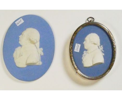 Wedgwood blue portrait plaques Matheuy &amp; similar smaller version in silver plated frame:  Height of largest 11cm. (2)