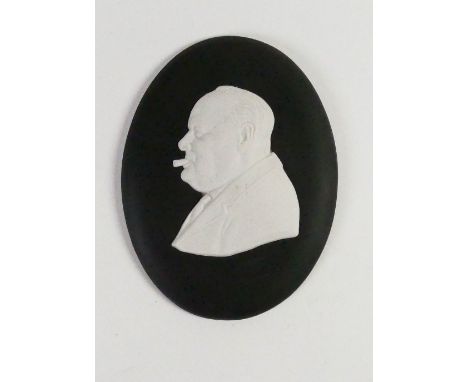 Wedgwood rare solid black Jasper portrait medallion of Winston S Churchill: Sample with paper label to reverse, ornamented by