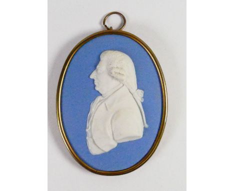 Wedgwood solid blue Jasper portrait medallion of James Stuart Athenian: In Ormulo frame c1809, overall h10.9cm. 