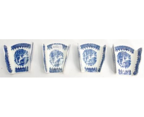 Caughley four asparagus dishes: A set of four blue & white transfer printed porcelain holders in the 'fisherman' pattern.  Ea