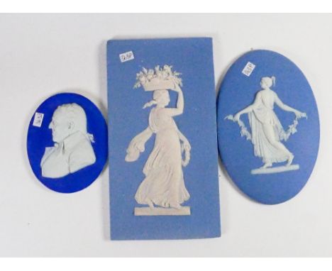 Wedgwood blue 19th century portrait plaques of Gentleman (cracked), rectangular classical figure (unmarked &amp; chips to edg