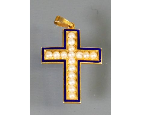 High carat gold Enamel & half Pearl set cross:  Gross weight 3.1g, measures 41mm high including suspension. Tested as 18ct go
