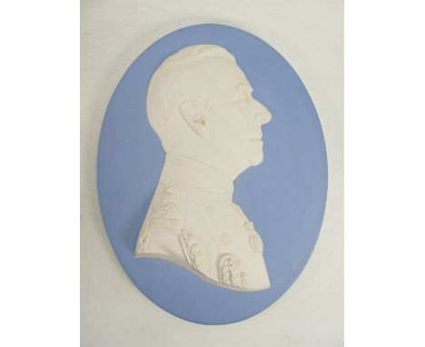 Large Wedgwood light blue portrait plaque of the Duke of Edinburgh: Dated 1973, height 39cm, hairlines noted to reverse