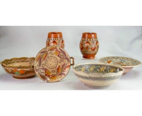 A collection of Charlotte Rhead pottery: Including Crown Ducal &amp; Bursleyware vases, bowls etc. (6)