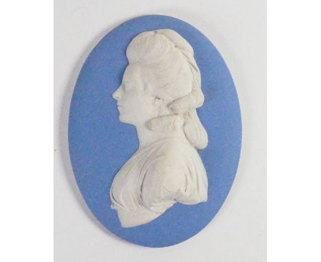 Wedgwood solid pale blue Jasper portrait medallion of the Duchess of Devonshire: Georgiana Cavendish by modeller Bert Bentley