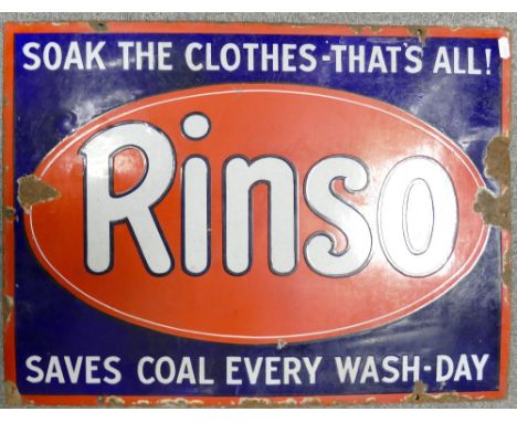 Early 20th century enamel advertising sign Rinso Wash day: 61 x 46cm. (slight wear all around the edges).