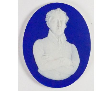 Wedgwood dark blue dipped Jasper portrait medallion of Arthur Wellesley: Duke of Wellington in military dress c1820, h10.4cm.
