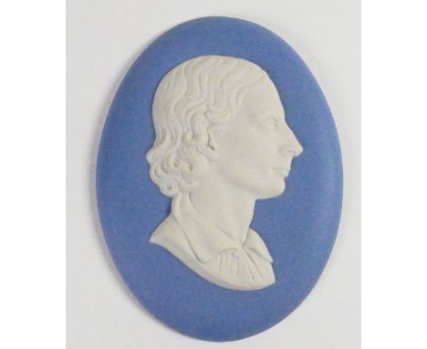 Wedgwood solid pale blue Jasper portrait medallion of John Keats: c1965 initialled by Eric Owen, h10.5cm. 