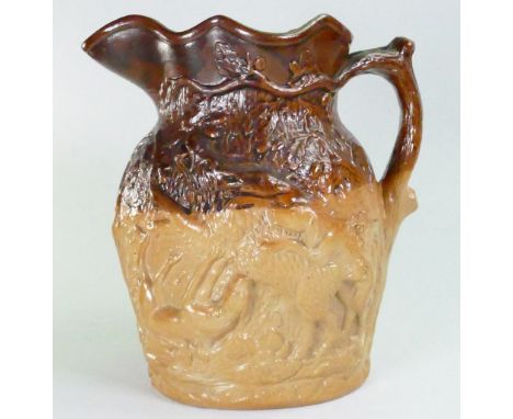 Doulton &amp; Watts Lambeth jug: Decorated with embossed hunting scenes with dogs, stag and boar, height 25cm.
