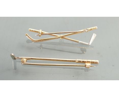 Two gold coloured golf related brooches: Both tested as 9ct gold, gross weight 6.2g.  Pearl re stuck on one brooch. 