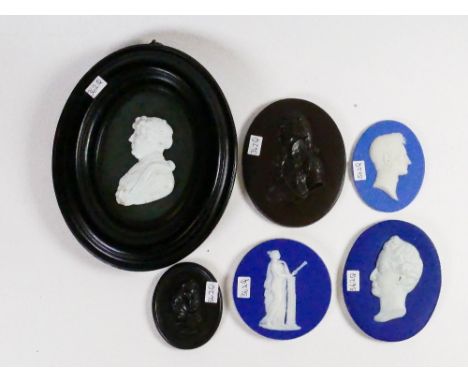 A collection of Wedgwood small portrait plaques to include: Leeds Pottery black Basalt of Bryden, dark blue of Gent (chip to 